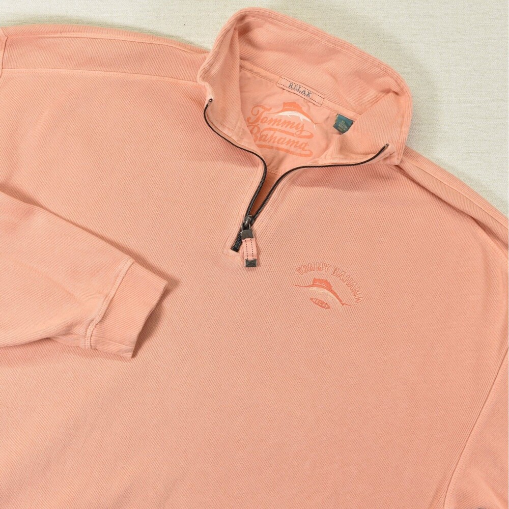Tommy Bahama Sweatshirt XL Coral 1/4 Zip Pullover Cotton Stretch Mock Neck